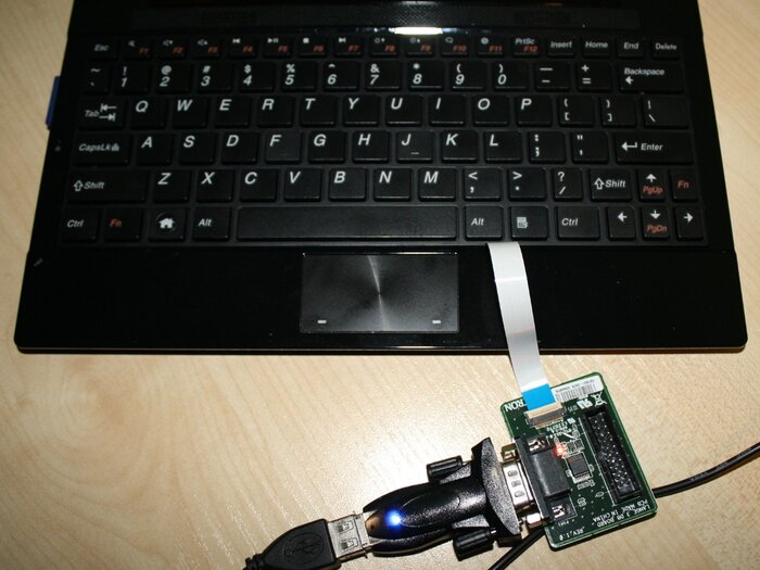 Debug board connected, keyboard in place
