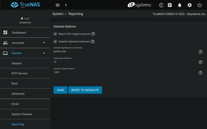 TrueNAS System Reporting configuration